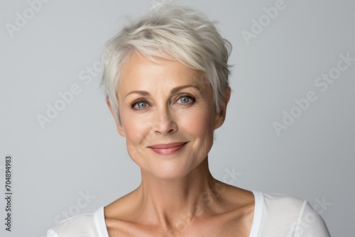 Portrait of smiling senior woman with short hair, over grey background