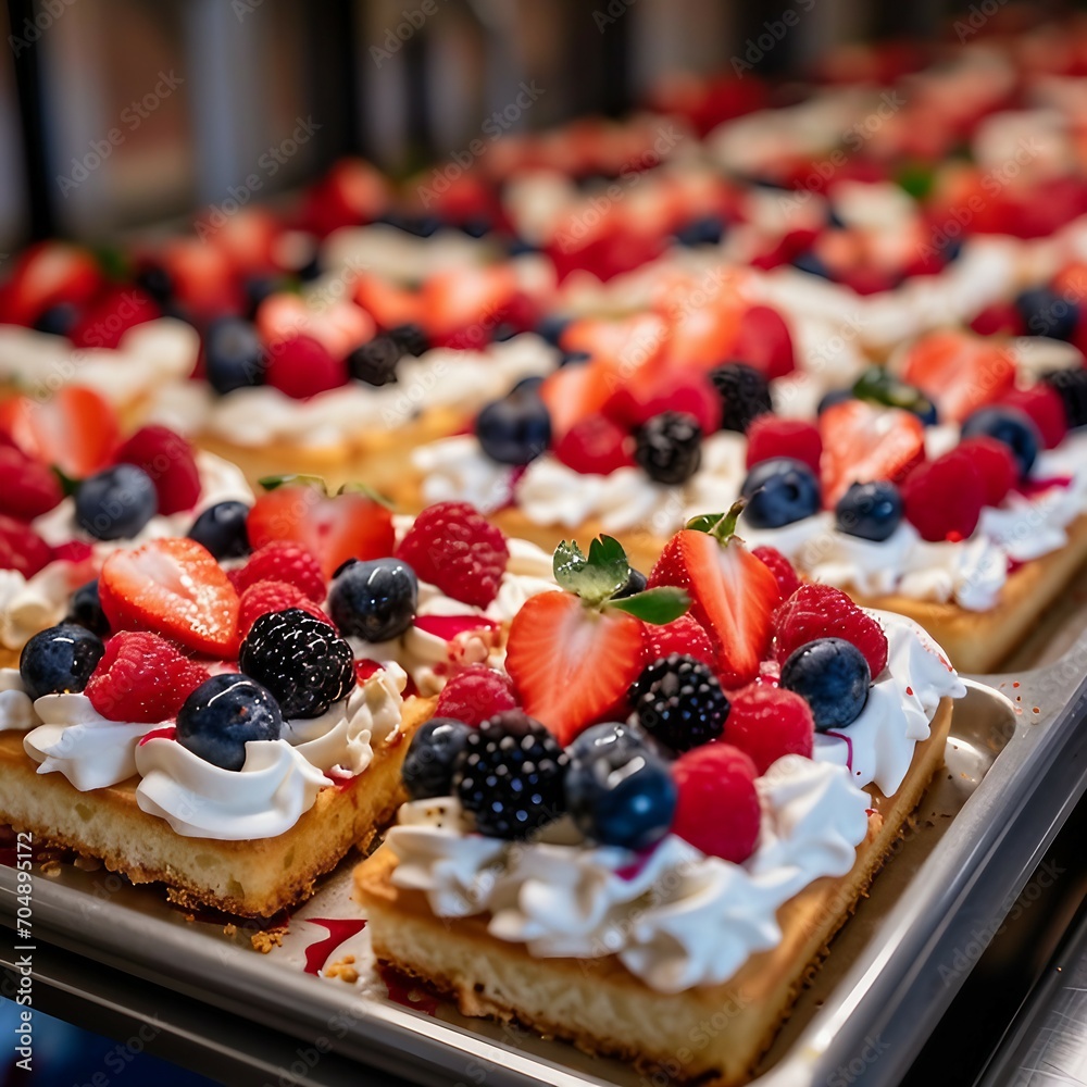 Pavlov cakes with fresh berries and cream. Lie down in rows on a baking sheet in the confectionery, A Pavlova Cake Topped with Delicious Berries Pavlov cakes with fresh berries and cream. Lie down in rows on a baking sheet in the confectionery, A Pavlova Cake Topped with Delicious Berries