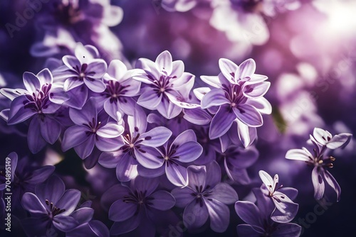 A close-up shot of lilac flowers in full bloom, their delicate petals capturing the sunlight against a solid ultraviolet background. © mohsin
