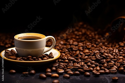 Cup of coffee and coffee beans on gold black background.