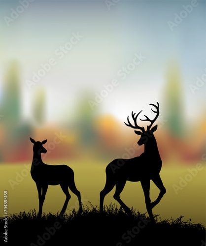 Silhouette of deer in the grass by the oaks. Vector drawing