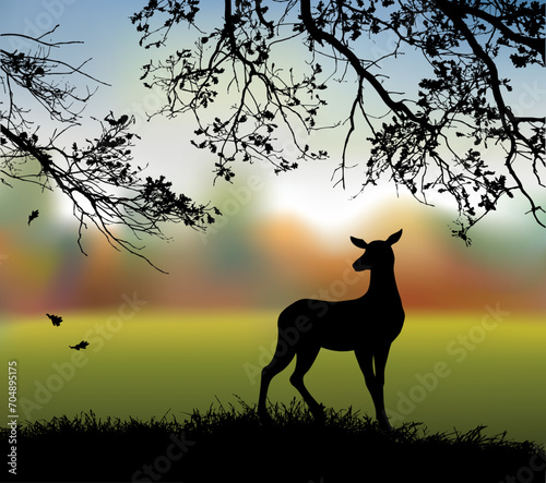 Silhouette of deer in the grass by the oaks. Vector drawing