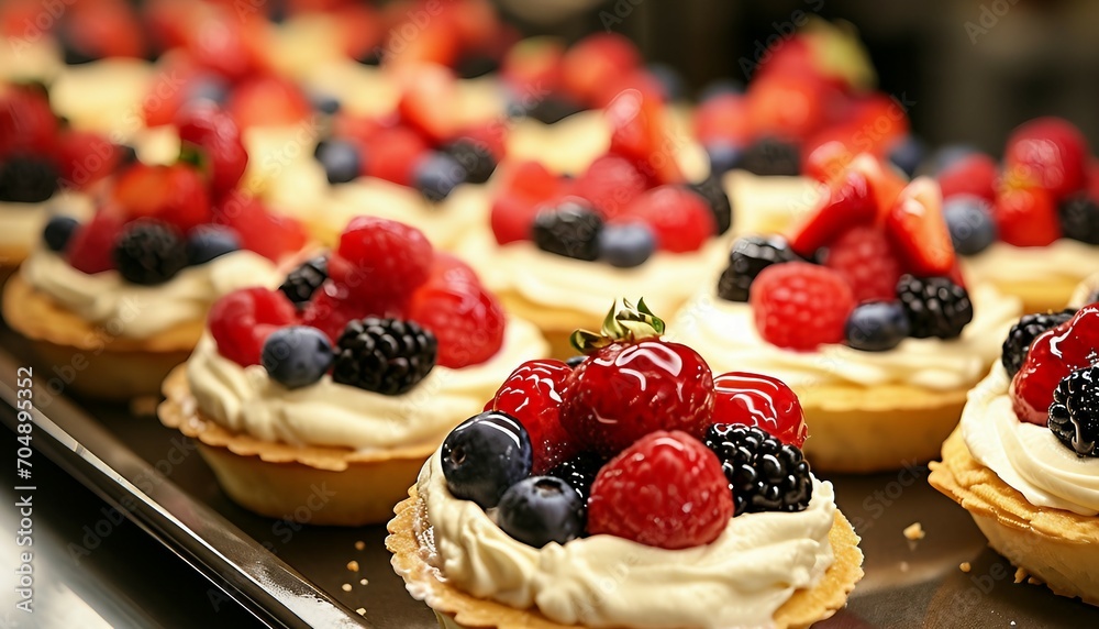 Pavlov cakes with fresh berries and cream. Lie down in rows on a baking sheet in the confectionery, A Pavlova Cake Topped with Delicious Berries Pavlov cakes with fresh berries and cream. Lie down in rows on a baking sheet in the confectionery, A Pavlova Cake Topped with Delicious Berries
