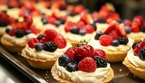 Pavlov cakes with fresh berries and cream. Lie down in rows on a baking sheet in the confectionery, A Pavlova Cake Topped with Delicious Berries