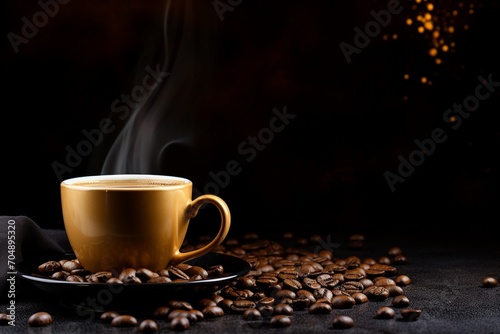 Cup of coffee and coffee beans on gold black background.