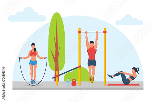 Workout area. Man pull-ups on horizontal bar. Girl jumping rope. Abs exercise. In the park outdoors. Healthy lifestyle. Fitness and aerobics. Workout area. Vector illustration flat design.