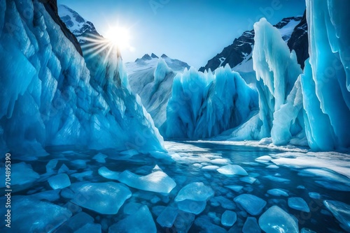 Sunlight filtering through translucent glacier ice, creating a surreal blue glow. © mohsin