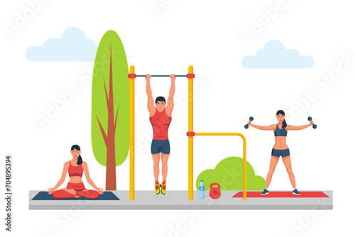 Workout area. Man pull-ups on horizontal bar. Girl jumping rope and does yoga. In the park outdoors. Healthy lifestyle. Fitness and aerobics. Workout area. Vector illustration flat design.
