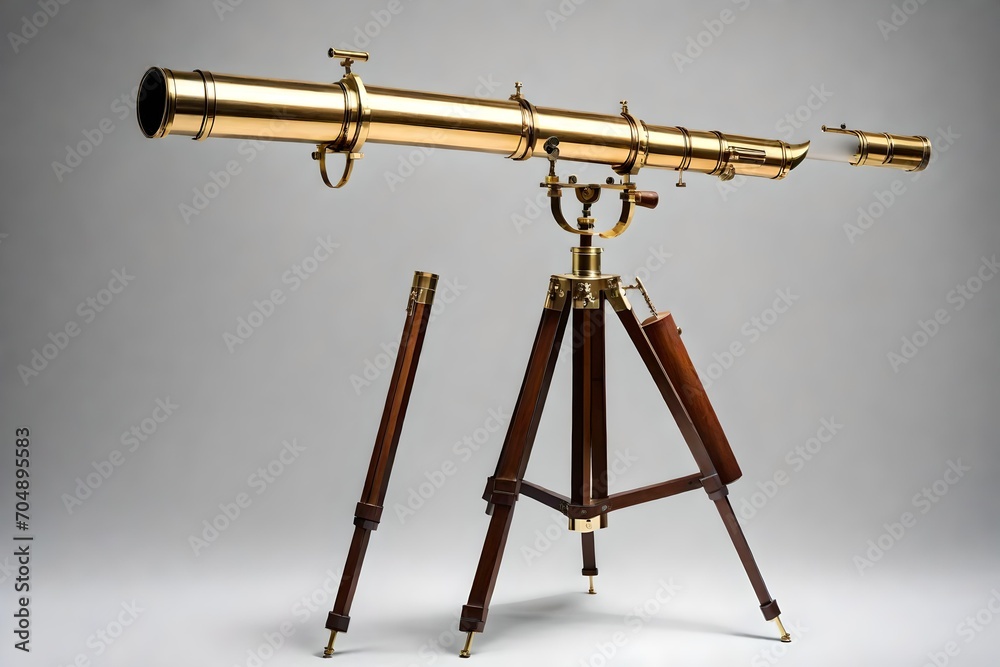 A classic brass telescope with extendable tubes, displayed on a sturdy tripod. A classic brass telescope with extendable tubes, displayed on a sturdy tripod.