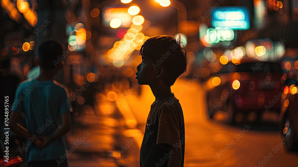A lonely boy stands in the middle of the city. The boy got lost in the big city. A lonely boy stands in the middle of the city. The boy got lost in the big city.