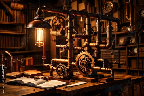 A steampunk-inspired lamp with gears and pipes, radiating a warm, antique glow in a study room.