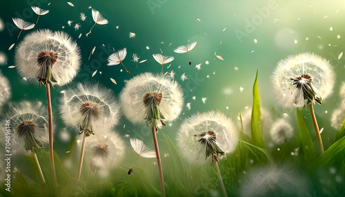 A spring background with white dandelions and dandelion seeds