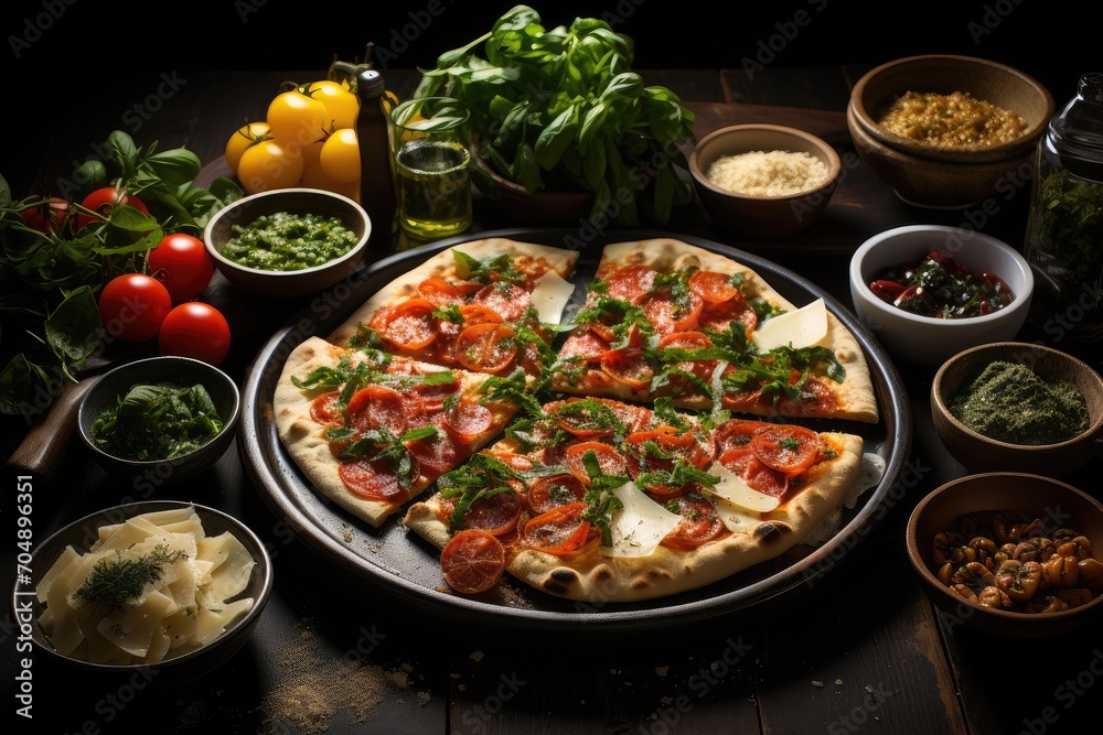 Full table of Italian meals on plates Pizza, pasta, ravioli, carpaccio. caprese salad and tomato bruschetta on black background Full table of Italian meals on plates Pizza, pasta, ravioli, carpaccio. caprese salad and tomato bruschetta on black background