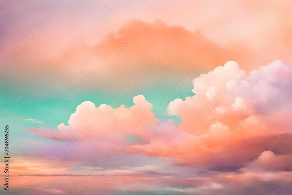 Soft pastel clouds in shades of peach, mint, and lavender, casting a serene glow over the horizon.