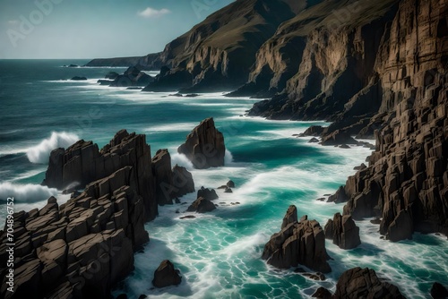A rocky coastline with towering cliffs, showcasing the erosional patterns and mineral veins, with waves crashing against the rocks, emphasizing the raw power of nature.