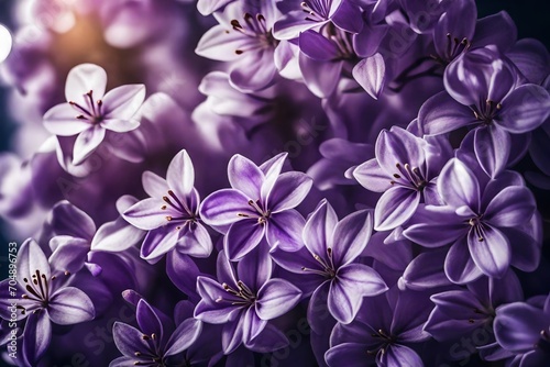 A close-up shot of lilac flowers in full bloom, their delicate petals capturing the sunlight against a solid ultraviolet background.