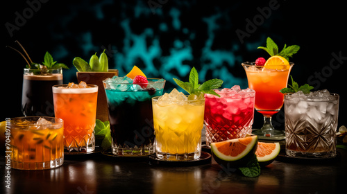 Set and collection of classic alcohol cocktails or mocktail on dark black background with fresh summer fruits