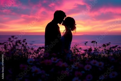 Romantic silhouette of a couple embracing and kissing against a vibrant, colorful sunset backdrop, evoking love, passion, and togetherness photo