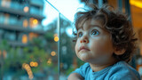 Young toddler boy kid looking through the window at home and copy space