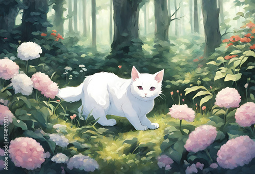 Cute anime white cat in a forest full of flowers