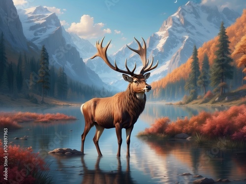 Illustration with a deer against the backdrop of a lake and mountains. Background on the theme of wild nature and ecologically clean landscape.