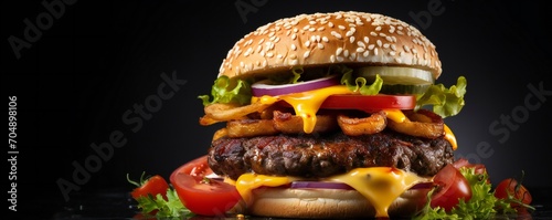 Cheese burger with grilled meat, cheese, tomato, salad and onion rings, on black background with empty copy space Generative AI