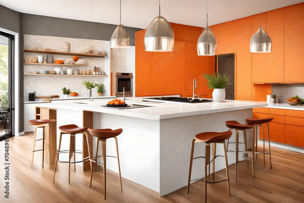 A kitchen island with barstools in front of a vibrant orange accent wall.