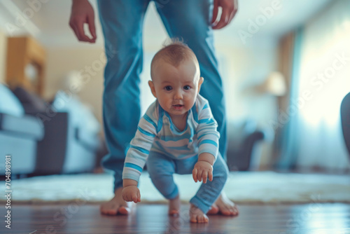 Parents help baby learn to walk photo