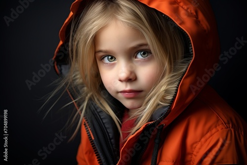 Portrait of a cute little girl in an orange jacket on a dark background.