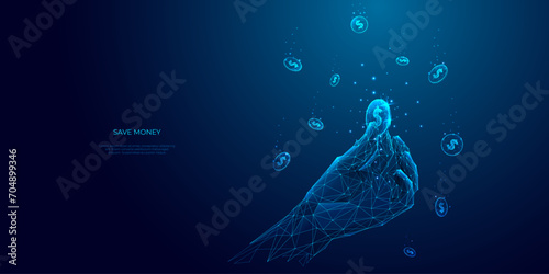 Save Money or Cashback Concepts. Hand Holding Dollar Coin on Technology Blue Background. Low Poly Wireframe Vector Illustration. The abstract gesture of a hand. Digital Money Metaphor in Light Blue.