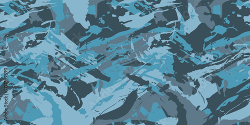 Grunge brush strokes  camouflage, modern fashion design. Paint camo military pattern. Army uniform. Blue sea shade color, fashionable, fabric. Vector seamless texture.