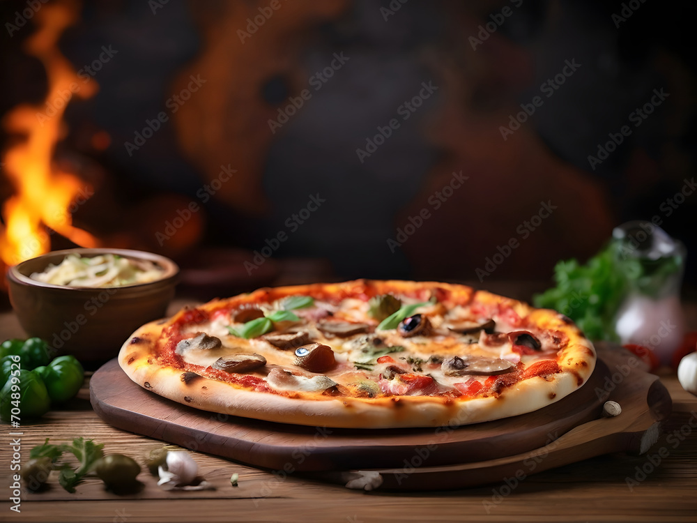 pizza on a board, pizza on a table, pizza with salami, pizza on dark background