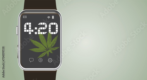 Marijuana leaf, medical cannabis on a wrist electronic clock showing the time of 4 hours 20 minutes. Cannabis online. Classic background. Copy space