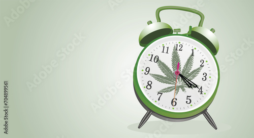 Marijuana leaf, medical cannabis on a classic alarm clock dial with hands showing the time of 4 hours 20 minutes. Cannabis online. Classic background. Copy space