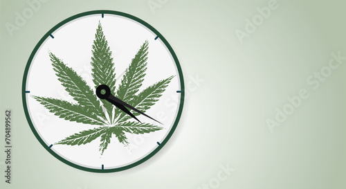 Marijuana leaf, medical cannabis on a classic watch dial with hands showing the time of 4 hours 20 minutes. Cannabis Online. Copy space,