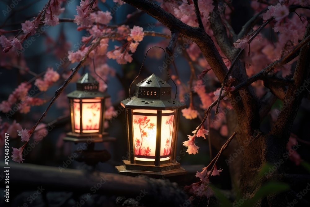 Nighttime Serenity: The garden is bathed in the soft glow of lanterns, with cherry blossoms under the moonlight. Nighttime Serenity: The garden is bathed in the soft glow of lanterns, with cherry blossoms under the moonlight.