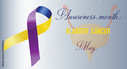 Bladder Cancer Awareness Month is celebrated each year in May. Blue and yellow ribbon and bladder icon on gradient blue background. Poster