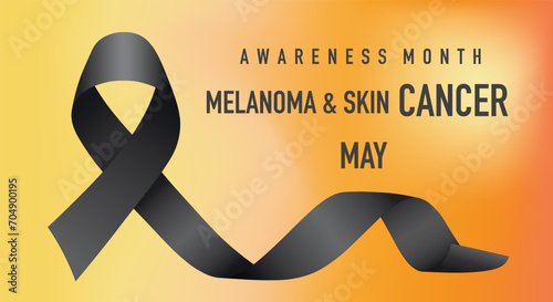 Melanoma and Skin Cancer Awareness Month. Black ribbon on a gradient orange background. Exposure to ultraviolet UV rays occurs in May.