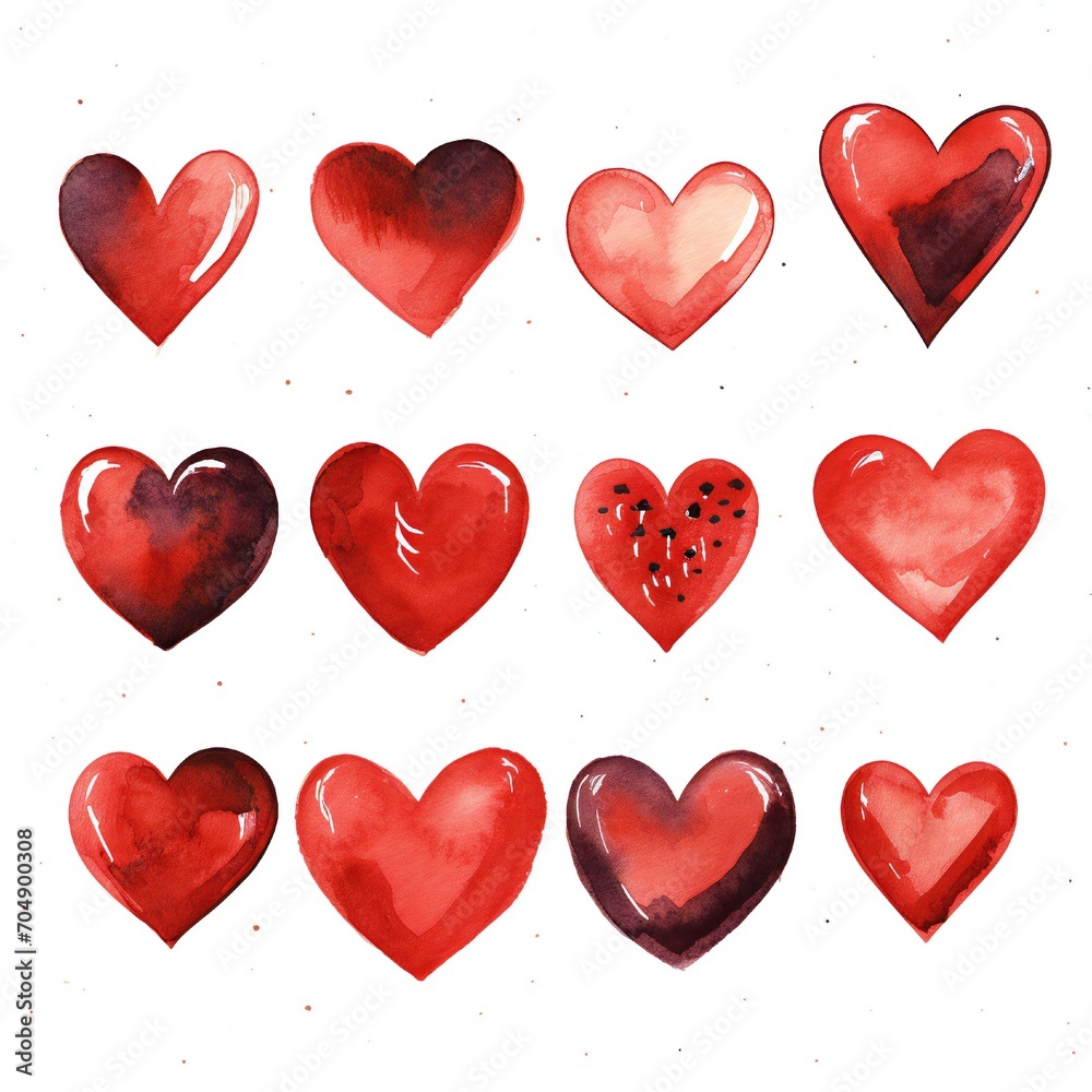 Collection of hand-drawn painted red hearts clipart on white background Generative AI Collection of hand-drawn painted red hearts clipart on white background Generative AI