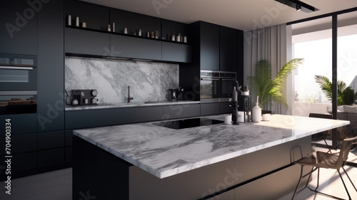 Front view of a modern designer kitchen with smooth handleless cabinets with black edges  black glass appliances  a marble island and marble countertops
