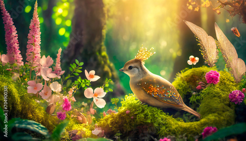 Mystical woodland scene with vibrant flora and magical creatures