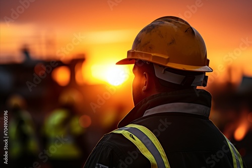 Dedicated construction worker in safety gear on active construction site. Spectacular sunset scenery. © katrin888