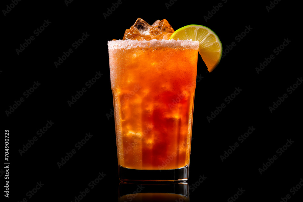 Michelada cocktail in beer glass featuring with beer, lime juice, tomato juice, spicy sauce and spices on black. Michelada cocktail in beer glass featuring with beer, lime juice, tomato juice, spicy sauce and spices on black.
