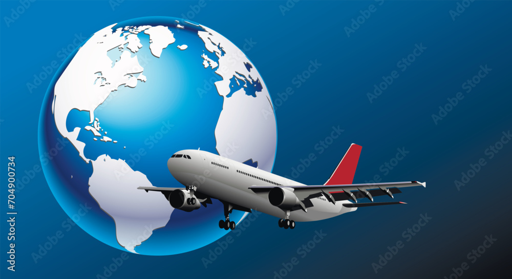 Travel by air on an airplane around the world. Passenger plane and planet Earth on a gradient blue background. Travel poster. copy space. Travel by air on an airplane around the world. Passenger plane and planet Earth on a gradient blue background. Travel poster. copy space.