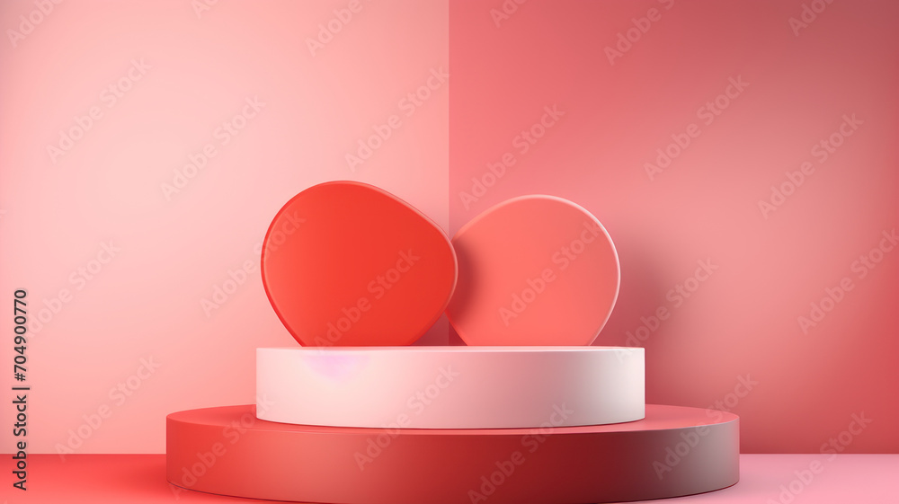 valentine background with pink, coral red realistic cylinder stand podium. Heart shape backdrop valentine background with pink, coral red realistic cylinder stand podium. Heart shape backdrop