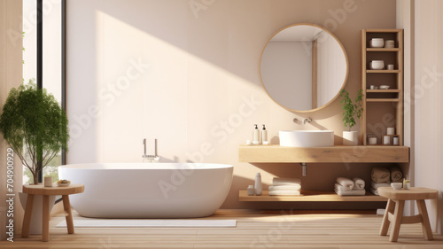 white minimalist bathroom interior with decor in eco style © wiparat