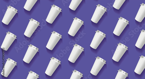 Paper white glass of coffee, tea cup with lid. Seamless patterns on a purple background. copy space.