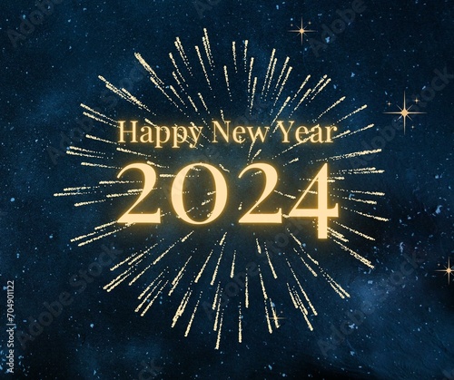 2024 New Year number. Golden digits and confetti over blue background. 