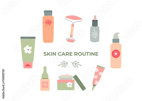 Everyday skin care routine cosmetics. Icons, doodles. Facial roller, serum, cleanser, moisturizer, toner, cream, sunscreen. Beauty procedure. Anti-age. Cosmetic bottles, jars, tubes.