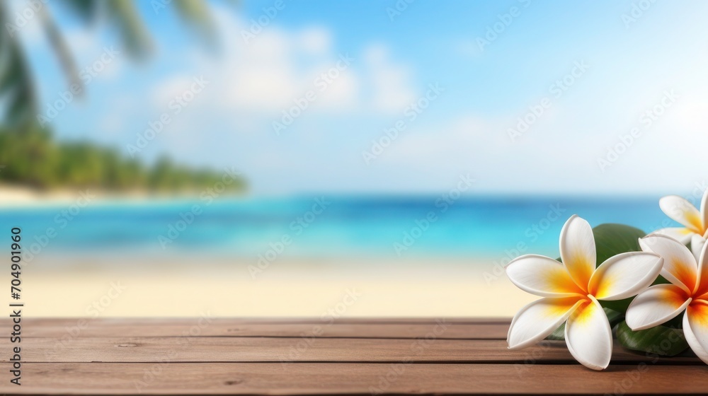 Wooden tabletop and blurred beach background for product display with copy space and beautiful frangipani flowers Wooden tabletop and blurred beach background for product display with copy space and beautiful frangipani flowers
